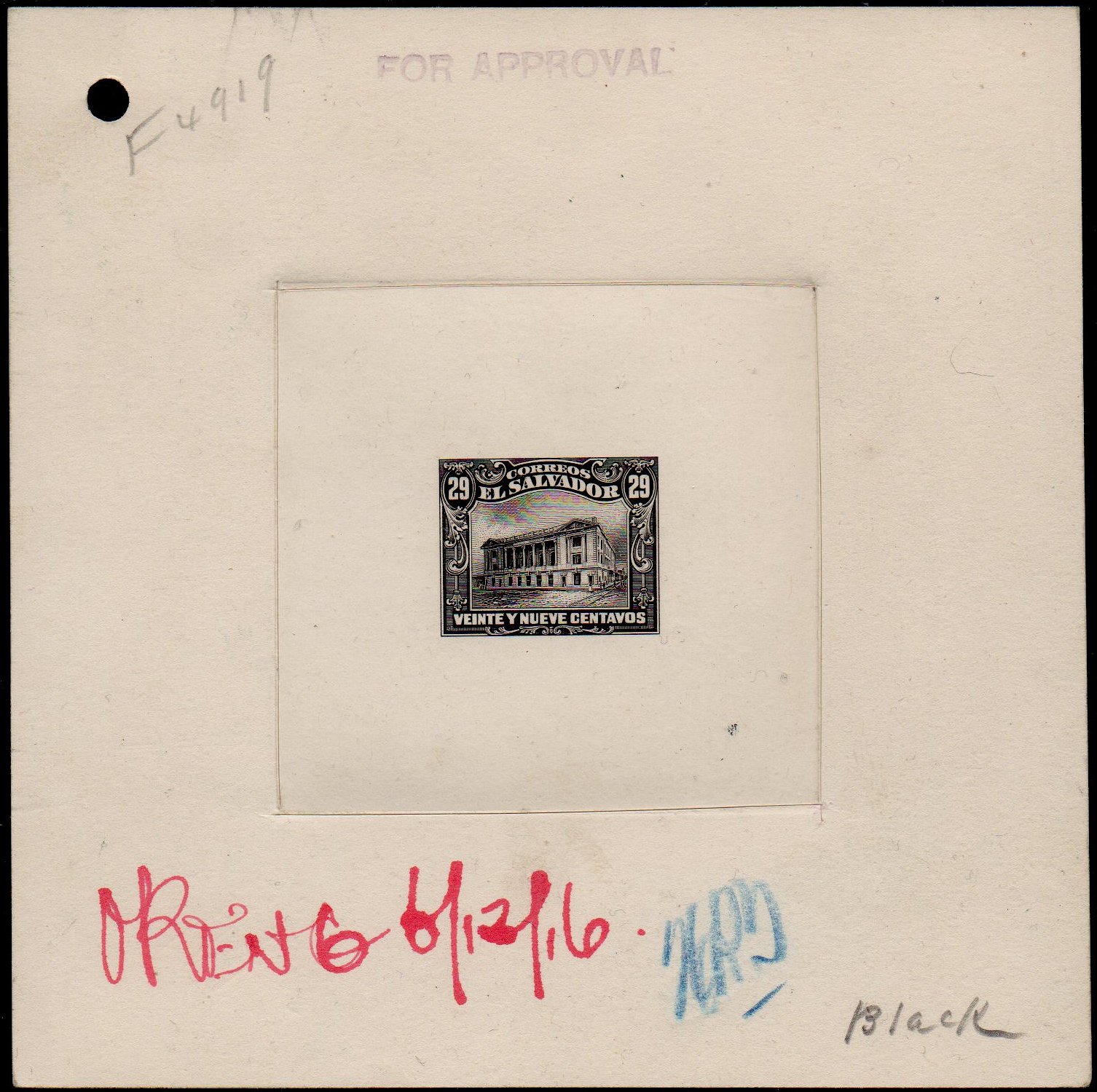 ABN Co. stamp archive working die proof of 29c - front - timbres-poste Briefmarken stamps El Salvador Tram Trolley Tranvia National Theatre teatro nacional 